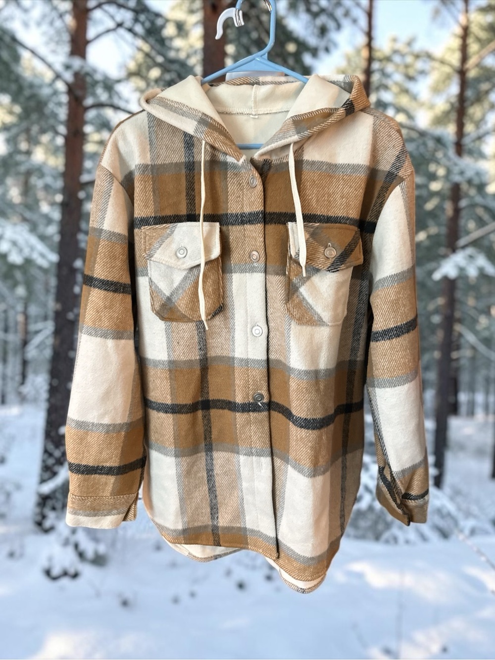 Style & Co. Hooded Plaid Utility Jacket in Camel & Cream NWOT Medium
